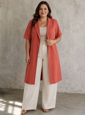 Vintage Positive Influence Linen Coral Longline Blazer Single Button 18W Career